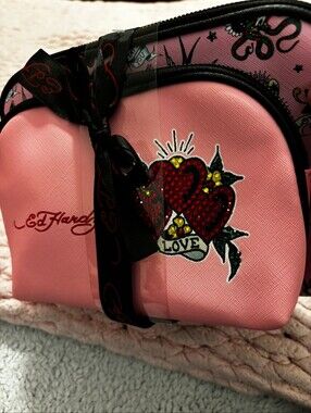 Ed Hardy Pink Heart 'Love' Cosmetic Pouch with Black Ribbon